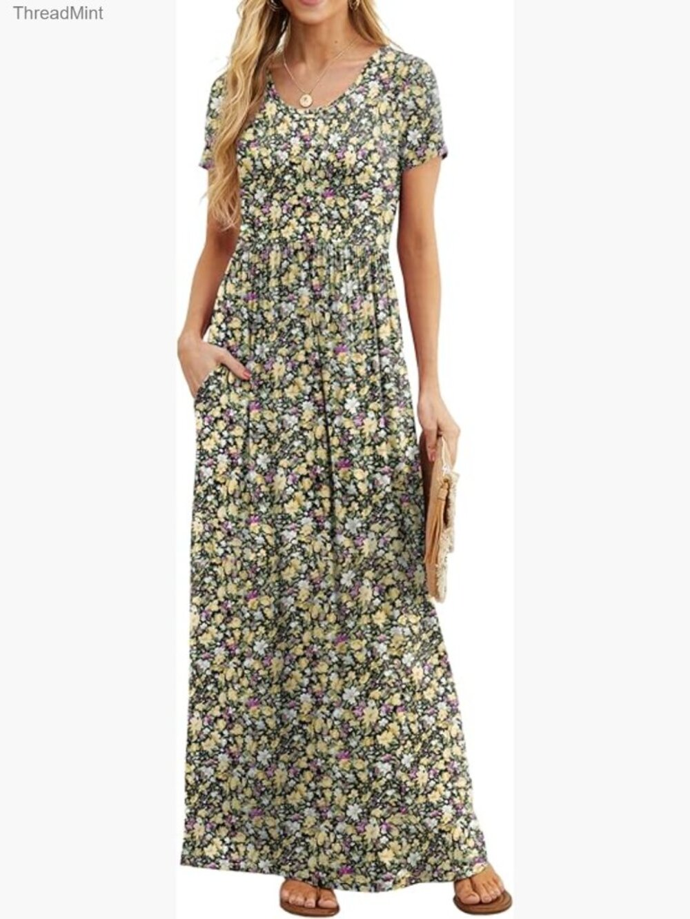 Summer Casual Maxi Dress with Pockets, Short Sleeve Crew Neck, Size S-3XL